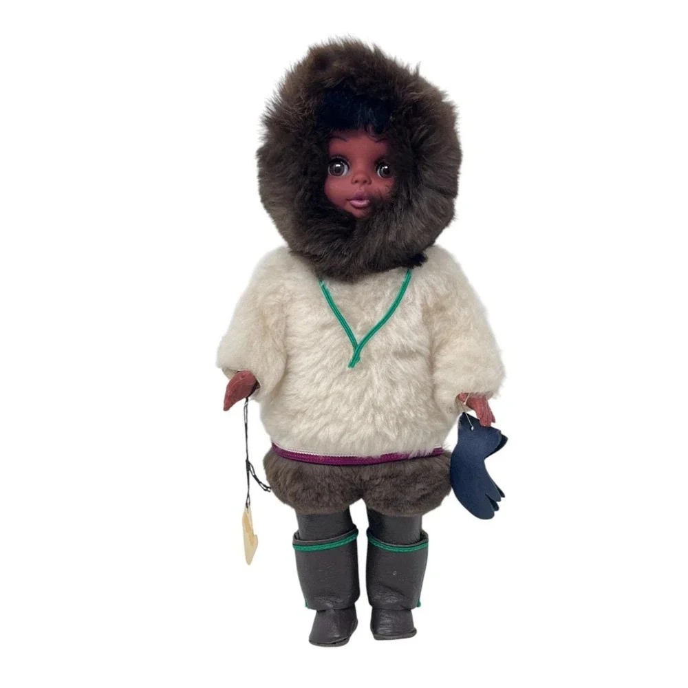 Vintage Handmade Inuit Eskimo Native American Girl Doll Canada Faux Fur Souvenir